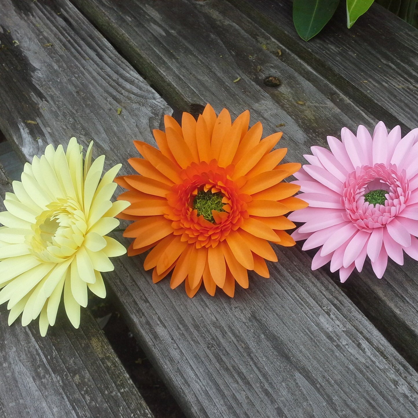 Pale yellow, orange and pink paper gerbera flowers