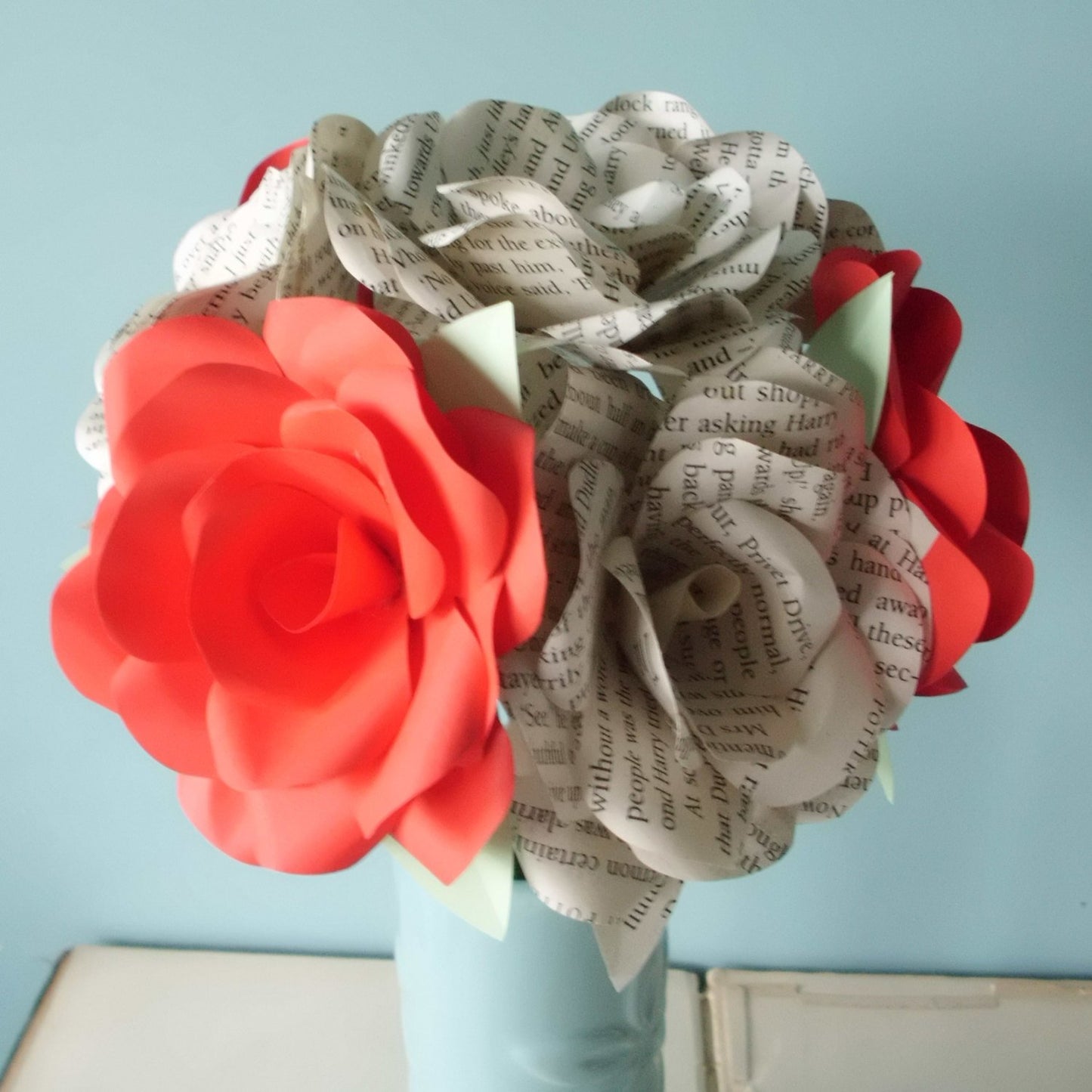 6 x Book Paper Flower Roses, Red Roses Mixed Bouquet, Handmade Paper Flowers