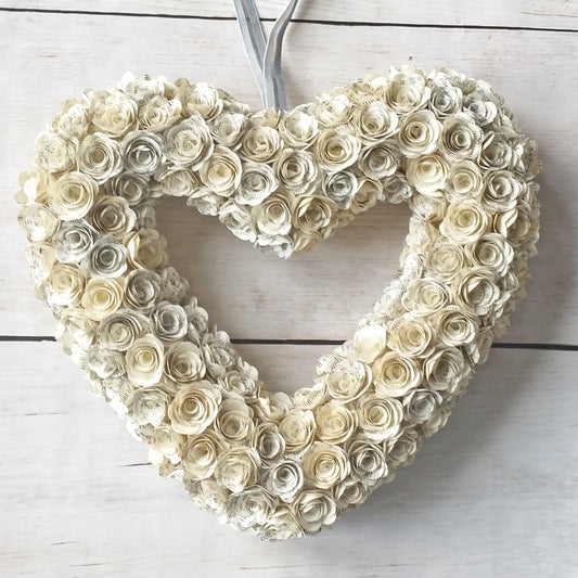 20cm Book Paper Flower Rolled Roses Heart Wreath 06 Feb 2016