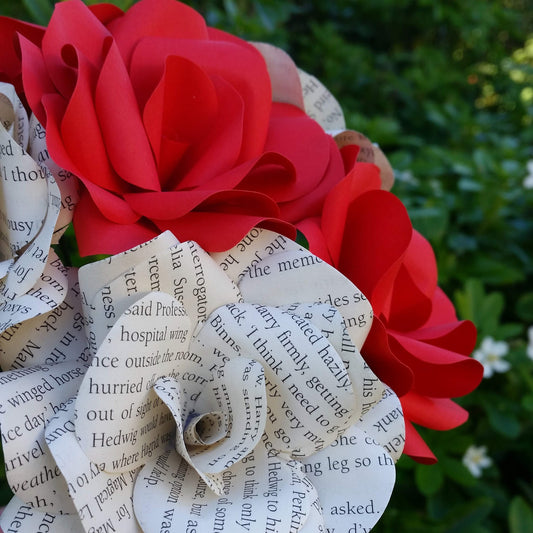6 x Book Paper Flower Roses, Red Roses Mixed Bouquet, Handmade Paper Flowers